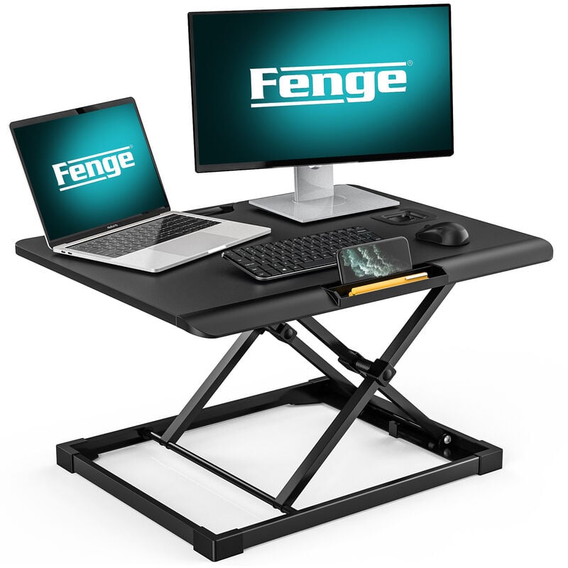 Fenge Convertisseur de bureau debout 65,3 cm avec extrémité incurvée et support de téléphone pour deux écrans SD108003MB