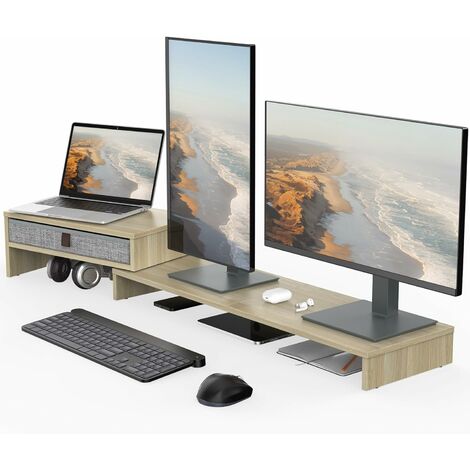 Fenge Dual Monitorständer Bildschirmständer mit Schublade für Computer TV Laptop, Monitorständer, Länge und Winkel Einstellbar,78,3-113x23,5x7,3cm, Eiche