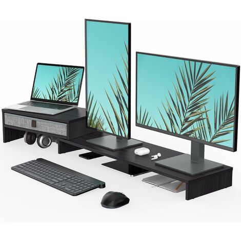 Fenge Dual Monitorständer Bildschirmständer mit Schublade für Computer TV Laptop, Monitorständer, Länge und Winkel Einstellbar,78,3-113x23,5x7,3cm, Schwarz
