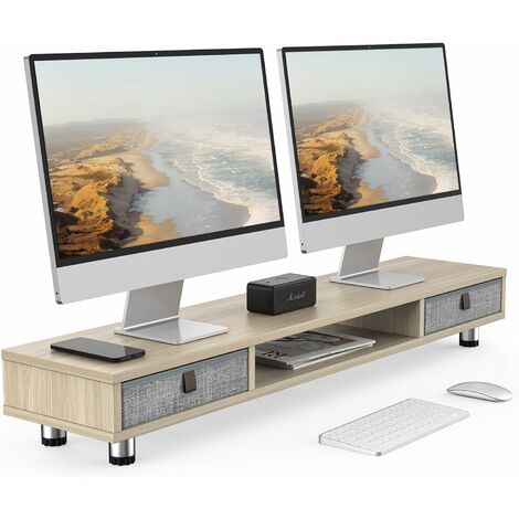 Fenge Dual Monitorständer mit 2 Schublade Großer Bildschirmständer für Computer TV Laptop, Monitorständer,108x23,5x15,2-16,7cm,Eiche