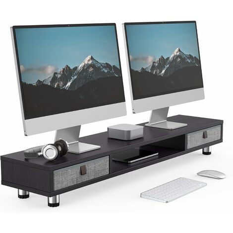 Fenge Dual Monitorständer mit 2 Schublade Großer Bildschirmständer für Computer TV Laptop, Monitorständer,108x23,5x15,2-16,7cm,Schwarz