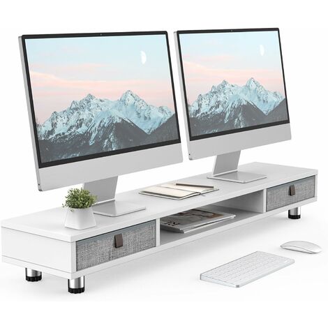 Fenge Dual Monitorständer mit 2 Schublade Großer Bildschirmständer für Computer TV Laptop, Monitorständer,108x23,5x15,2-16,7cm,Weiß
