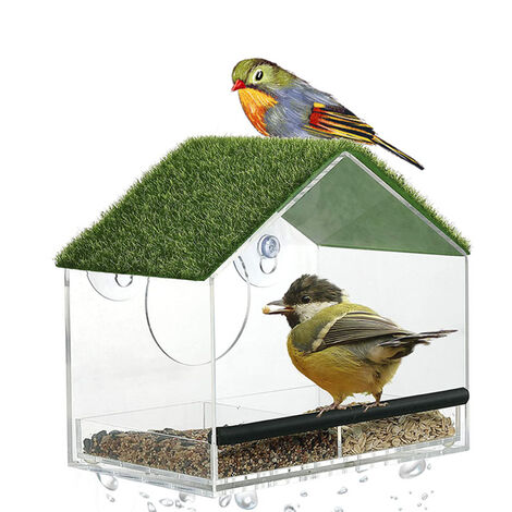 Fenster Vogelhäuschen Klares Acryl Vogelhaus Vent Dry mit Kunstrasen Dach Vogelfutterhäuser