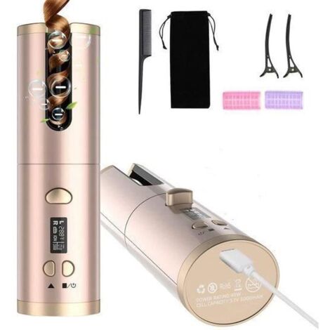 Fer à Friser Automatique Sans Fil, Fer à Boucler Auto Rotatif Portable, Boucleur a Cheveux Rechargeable USB,6 Températur-Doré