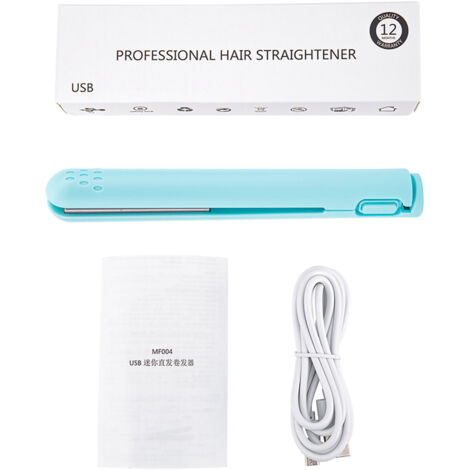 Fer à lisser et boucler 2 en 1 USB avec plaques en céramique, chauffage rapide, Bleu