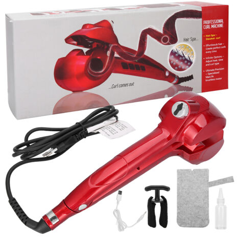 Fer à lisser et boucler automatique avec affichage LED et fonction vapeur, prise UE 110‑240V, couleur rouge rose
