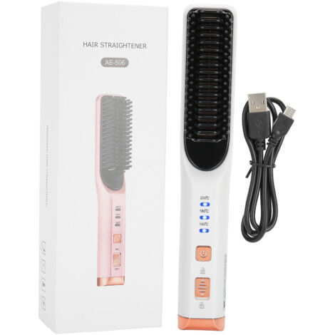 Fer à lisser, peigne et boucleur 3‑en‑1 avec batterie portable USB pour coiffure - Blanc