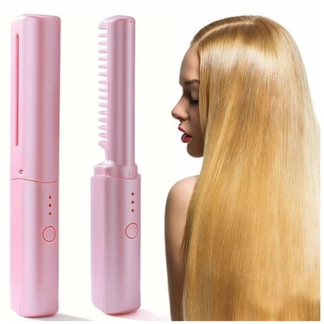 Fer à lisser sans fil, fer plat portable pour cheveux, mini fer plat en céramique rechargeable USB-C avec batterie 1500 mA, rose