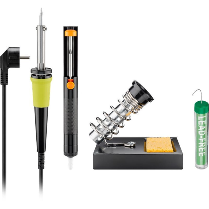 Fixpoint - Set de Soudure sans Plomb avec 4 Pièces, 30 w, avec fer à souder, support de fer à souder, pompe à dessouder et étain à souder.