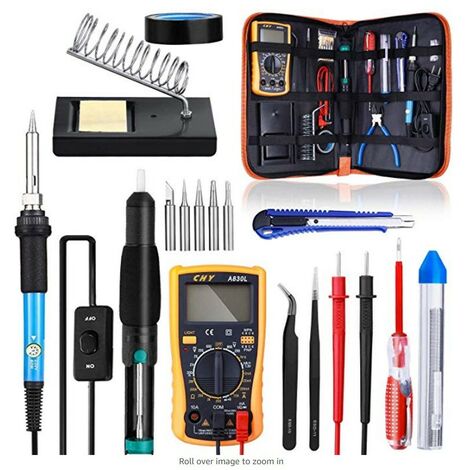 Fer à Souder Kit 60W 220V à Température Réglable, de Soudure avec interrupteur Marche/Arrêt, Multimètre, Pompe à Dessouder, 5PCS Conseils de soudage pour Divers Réparation