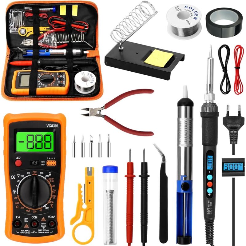 Aiperq - Fer à Souder Kit, 60W Kit de Soudure, Temperature Réglable de 200-450℃, Multimètre, 5PCS Conseils de soudage, Fer a souder etain, Fil de