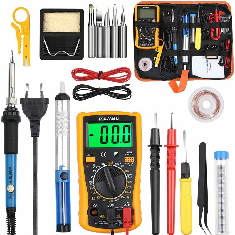 Keyoung - Fer à Souder Kit, 60W Kit de Soudure, Temperature Réglable de 200-450℃, Multimètre, 5PCS Conseils de soudage, Pompe à Dessouder, Fil de