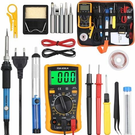 KEYOUNY Fer à Souder Kit, 60W Kit de Soudure, Temperature Réglable de 200450℃, Multimètre, 5PCS Conseils de soudage, Pompe à Dessouder, Fil de Soudure, Pincettes, Tournevis, Dénudeur de Fil, Support