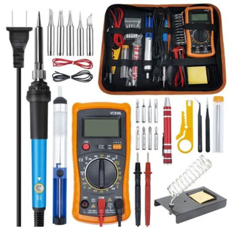Fer à Souder Kit, 60W Kit de Soudure, Temperature Réglable de 200450℃, Multimètre, 5PCS Conseils de soudage, Pompe à Dessouder, Fil de Soudure, Pincettes, Tournevis, Dénudeur de Fil, Support