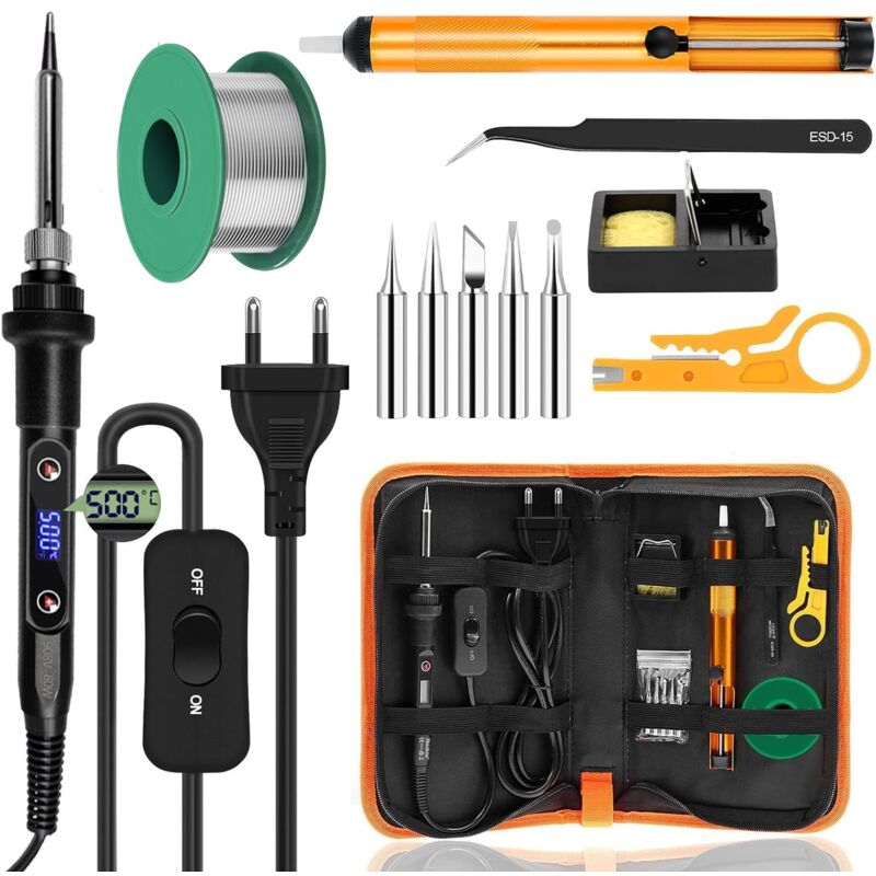 Fer à Souder Kit 80W Température Réglable 180-500°C Electronique de Precision avec Interrupteur ON/OFF, 5 Conseils de soudage, Pompe à Dessouder, Fil
