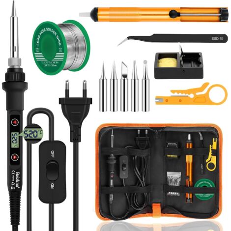 Fer à Souder Kit 80W Température Réglable 180-520°C Electronique de Precision avec Interrupteur ON/OFF, 5 Conseils de soudage, Pompe à Dessouder, Fil de Soudure, Station de Soudage, Pincettes