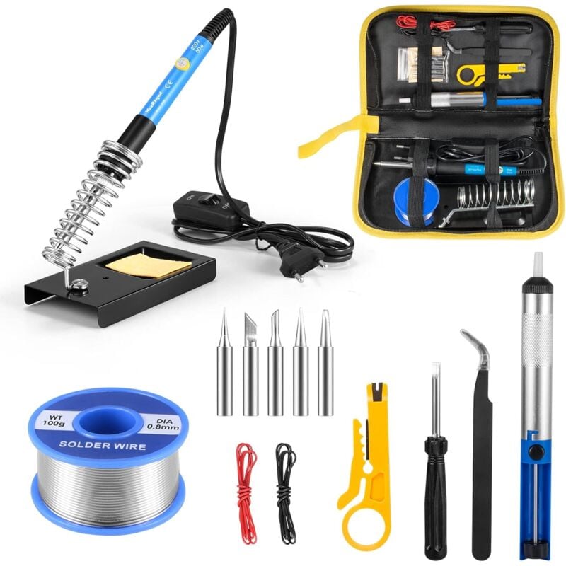 Ersandy - Fer à Souder Kit de Soudure 60W 220V à Température Réglable avec 5 têtes à Soudure, Pompe à Dessouder, Support, Fil de Soudure [Classe