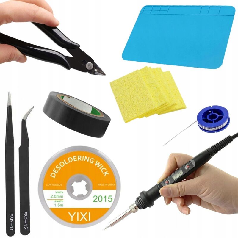 Rosfix Saldatore con display M 80W OC80W + Tappetino 30x20 + treccia 2x1,5 + spugna + stagno 0,8x10 + pinza 130 + pinzetta 15+11 + nastro nero