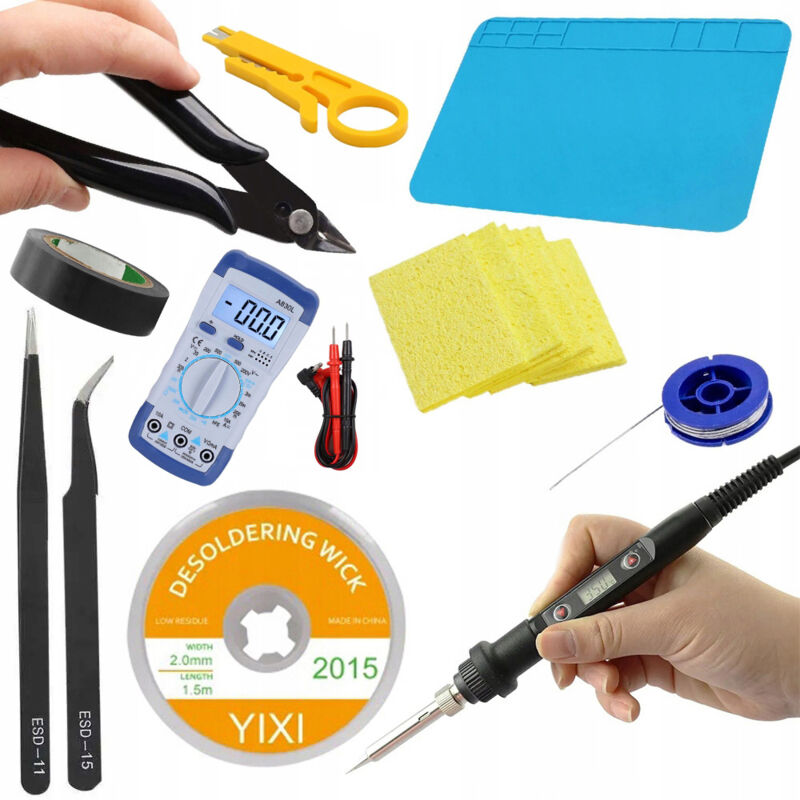 Rosfix Saldatore con display M 80W OC80W + Tappetino 30x20 + treccia 2x1,5 + spugna + stagno 0,8x10 + pinza 130 + pinzetta 15+11 + nastro nero +