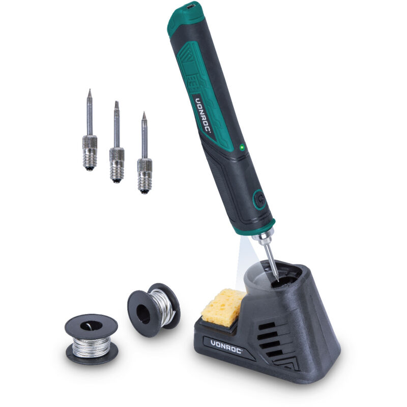 Vonroc - Fer à Souder Sans Fil température maximale de 450°C - Fer à Souder de Précision Léger, Rechargeable Micro usb - 3 Pointes Fer à Souder