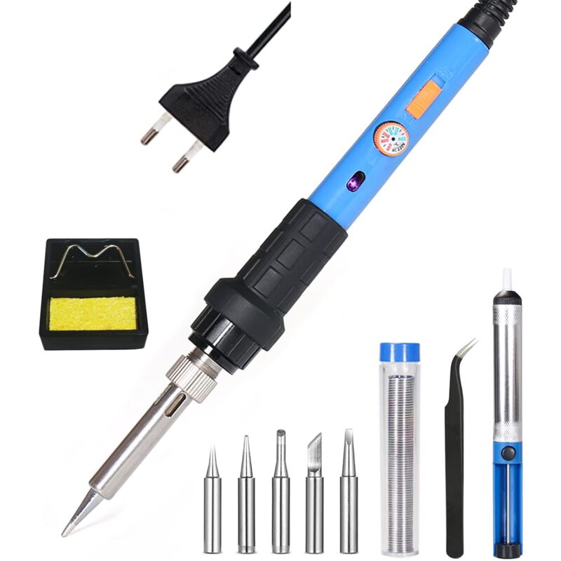 Laoa - Fer à Souder Set, 60W Kit de Soudage Electrique Température Réglable 220480℃ avec Interrupteur on/off, 5 Pointe Soudage Pompe à Dessouder