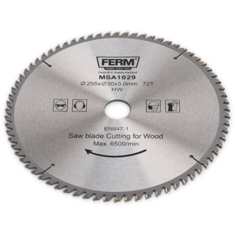 Ferm – Lame de scie circulaire 255mm 30/16 – MSA1029 – 72 dents TCT pour bois dur – Compatible TSM1033 et TSM1034