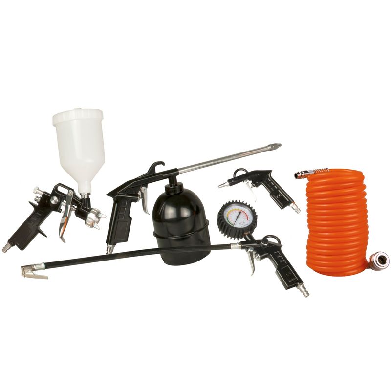 Image of Set di utensili pneumatici 5 pezzi - contiene pistola a spruzzo, gonfiatore, soffiatore per pulizia, pistola di soffiaggio, tubo per aria 5m - per