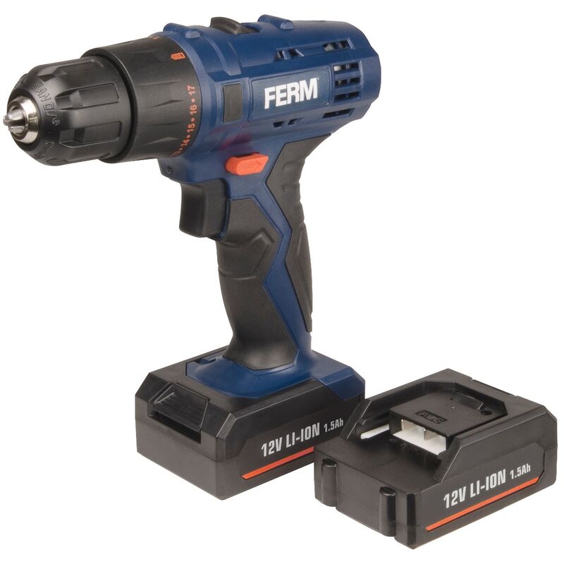 FERM Trapano avvitatore a batteria 12V - 1.5Ah. Include 2 batterie 1.5Ah, caricabatterie rapido, 2 punte e custodia