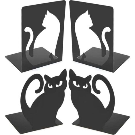 Fermalibri a forma di gatto, fermalibri in metallo, 2 paia, cunei antiscivolo per scaffali, scrivanie, biblioteche, casa e scuola (120 x 105 x 160 mm, nero)