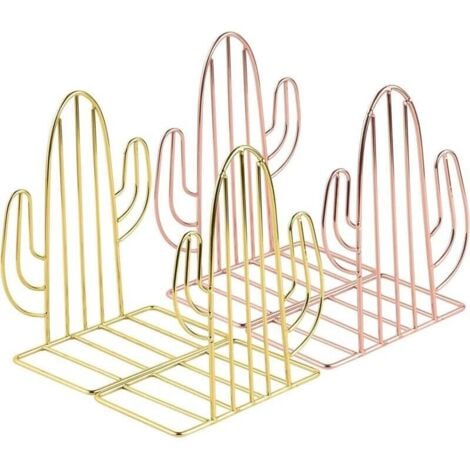 Fermalibri in metallo KZQ, 2 paia, fermalibri a forma di cactus per bambini, arredamento per ufficio, librerie, scuole e librerie (oro e oro rosa)