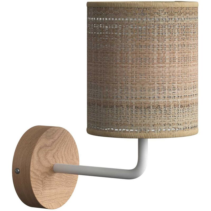 Image of Fermaluce Wood, lampada a muro in legno con paralume Cilindro e estensione curva Senza lampadina - Neutro - Rafia Naturale - Senza lampadina
