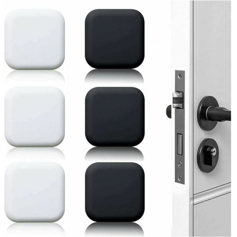 Image of Fermaporta da parete, grande, 6 pezzi, autoadesivo, in gomma, bianco/nero, 45 mm x 45 mm, per maniglie delle porte, contro il fermaporta