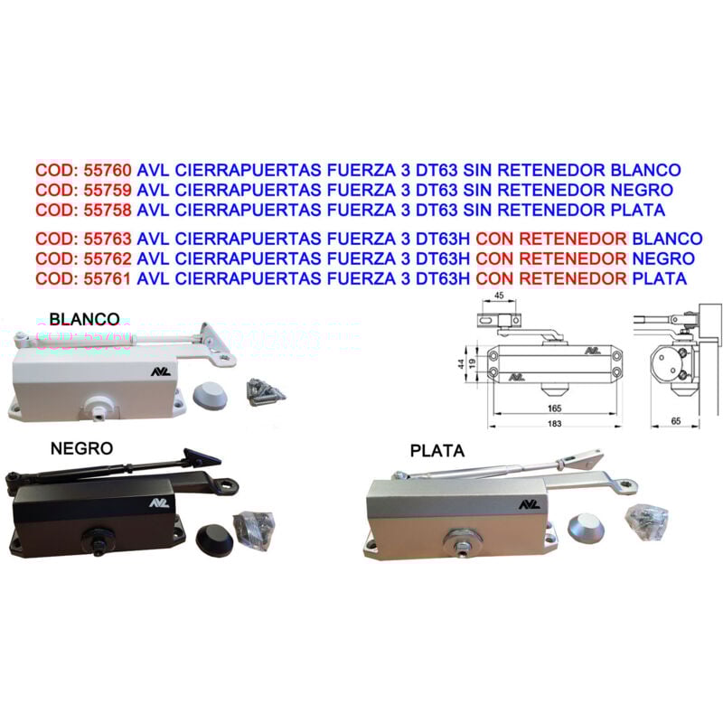 AVL - Ferme-porte Force 3 DT63 sans retenue argentée