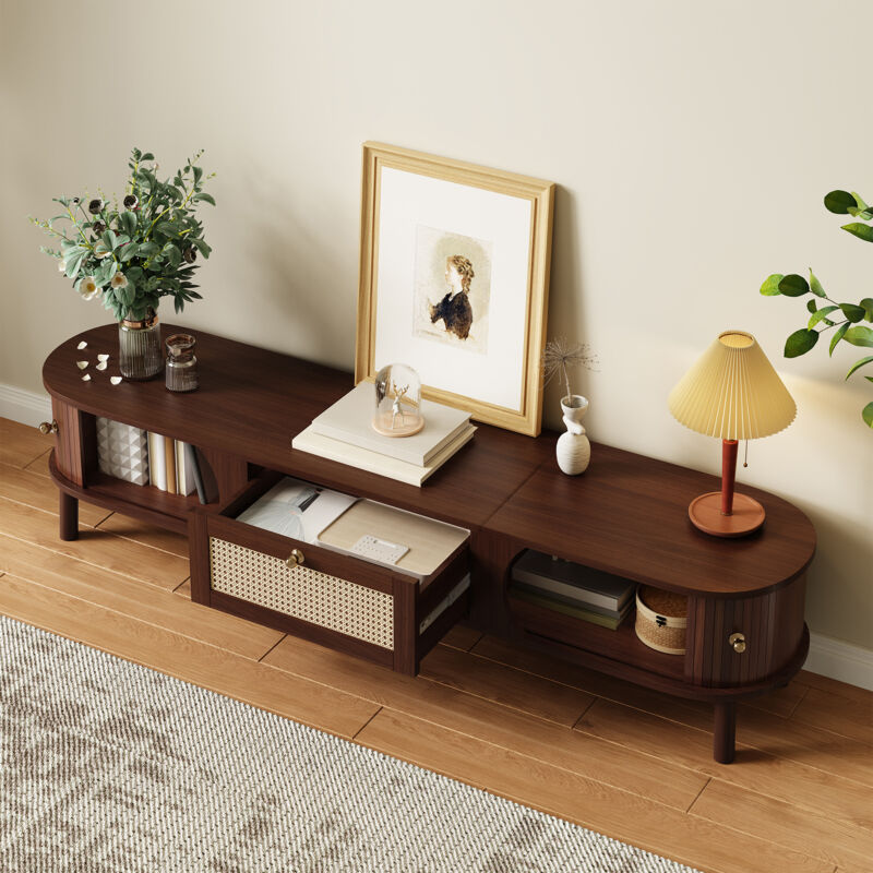 Modenvie Fernsehschrank Mit Schiebetüren Und Rattanschubladen, Für Wohnzimmer, Holz Und Rattan, Natur, 170 X 39.5 X 38 Cm