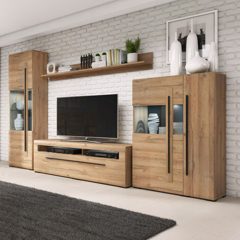 Fernsehwand Eiche Grandson Nb. TURDA-83 mit LED Beleuchtung und Absetzungen in schwarz, B/H/T: ca. 340/204/50 cm