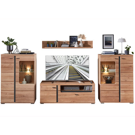 Fernsehwand mit Esche Massivholzfronten und Beleuchtung STAVEN-36 mit Absetzungen in schwarz matt,  B/H/T ca. 360/200/42 cm