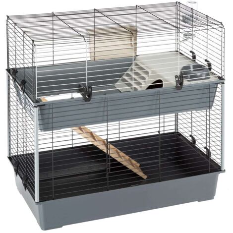 Ferplast – Cage à 2 étages pour lapins 95 x 57 x 93,5 cm – Métal et plastique – Accessoires inclus : mangeoire, abreuvoir, maisonnette – Facile à nettoyer