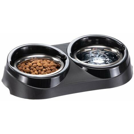 Ferplast DUO FEED  Portaciotole in plastica con ciotole in acciaio. 3 misure. Variante 01 - Misure: 38.5 x 20 x h 9 cm - 1 L - Nero