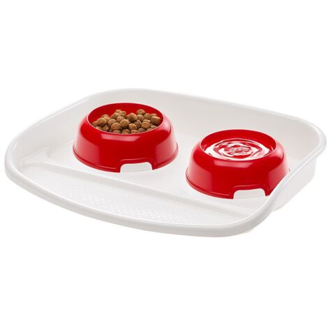 Ferplast Vassoio con ciotole per cani e gatti LINDO Doppia mangiatoia per animali, Base in plastica resistente, Piedini antiscivolo, Due ciotole incluse capacità 0,6 L, 44,5 x 34 x h 7 cm Rosso