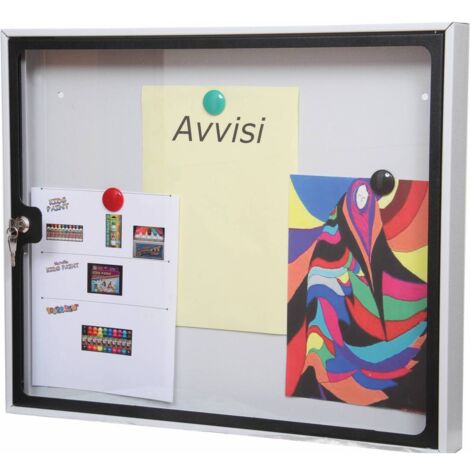 Ferramenta1.Com – Tableau d'affichage magnétique 58x6x48 cm – Tôle d'acier époxy argent et noir – Serrure à cylindre avec 2 clés