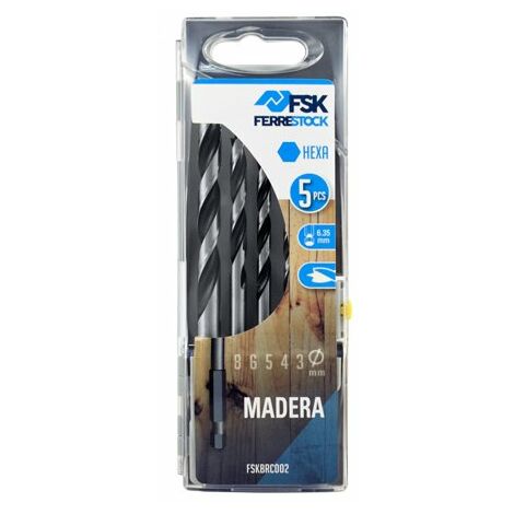 Ferrestock FSKBRC002 set de 5 brocas hexagonales para madera, afilado de 3 puntas, 3/4/5/6 y 8mm