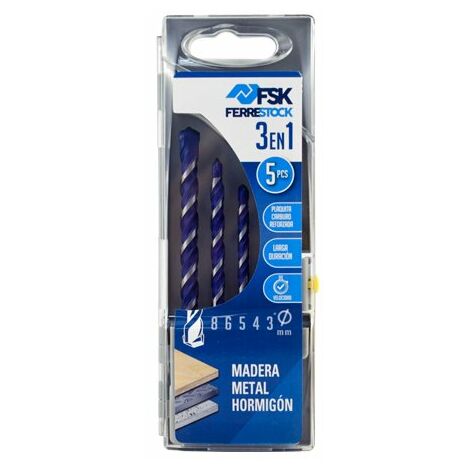 Ferrestock FSKBRC103 set de 5 brocas multisuperficie 3en1, punta con plaquita de carburo reforzado y diseño especial, 3/4/5/6 y 8mm