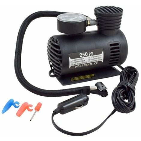Ferrestock FSKCOM001 Mini compresor de aire con 12V, 250PSI, 20.7 bares, 35L de descarga por minuto y 4 adaptadores para neumáticos de bicicleta, balones y colchonetas
