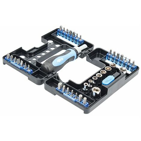 Ferrestock FSKDES038 set de 38 piezas con destornillador de carraca de 72 dientes, giro en ambas direcciones y puntas fabricadas en Cromo-Vanadio (CRV 6150) de alta calidad