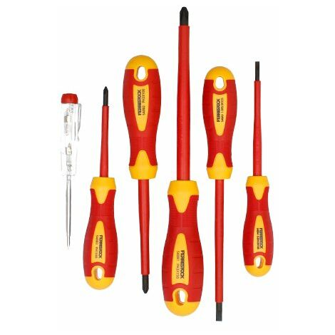 Ferrestock FSKDES106E set de 6 destornilladores con mango y vástago aislado (VDE) bajo la norma IEC 60900, fabricado en aleación de acero de alta calidad, hasta 1000V, incluye un buscapolos de 140mm