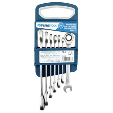 Ferrestock FSKLLG007 set de 7 feste Knarrenschlüssel, aus Chrom-Vanadium de hochwertig, satiniert, Ratsche de 72 Zähne, inkl. Halter