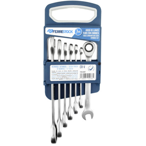 Ferrestock FSKLLG007 set de 7 llaves fijas con carraca, fabricado en cromo vanadio de alta calidad, acabado satinado, carraca de 72 dientes, incluye soporte