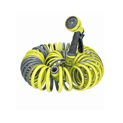 Ferrestock FSKMES002 kit completo de manguera flexible en espiral de 15m de longitud, pistola de riego con 6 funciones, conectores para pistola y de rosca para el grifo