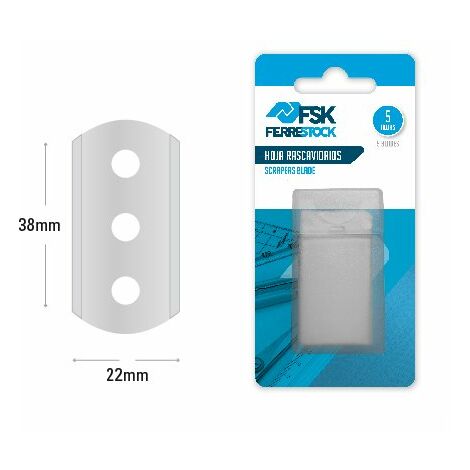 Ferrestock FSKRKR041 blíster con de 5 cuchillas de recambio para rascavidrios de hoja de 38mm, tres agujeros, afilado de precisión para cortar de forma limpia y profesional cualquier material