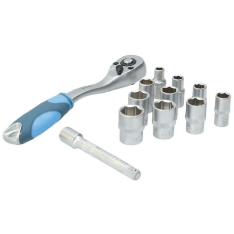 Ferrestock FSKSOC124 Set de cliquet de 1/4" avec 72 dents, 10 clés de douilles, cliquet de grand cliquet et de système de bouton poussoir de douilles